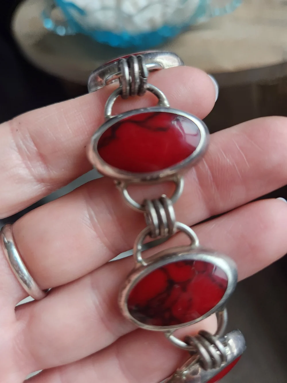 Vintage Red Jasper Sterling Bracelet Stamped Mexico 925 Link Women - Picture 4 of 10